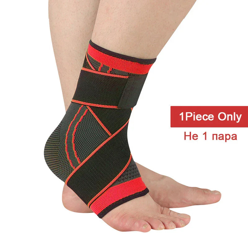 Black and red ankle support sleeve worn on foot, single piece, compression brace for ankle pain.