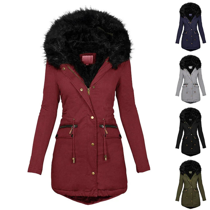 Women's winter parka jacket with black faux fur hood in red, navy, gray, black, and olive colors