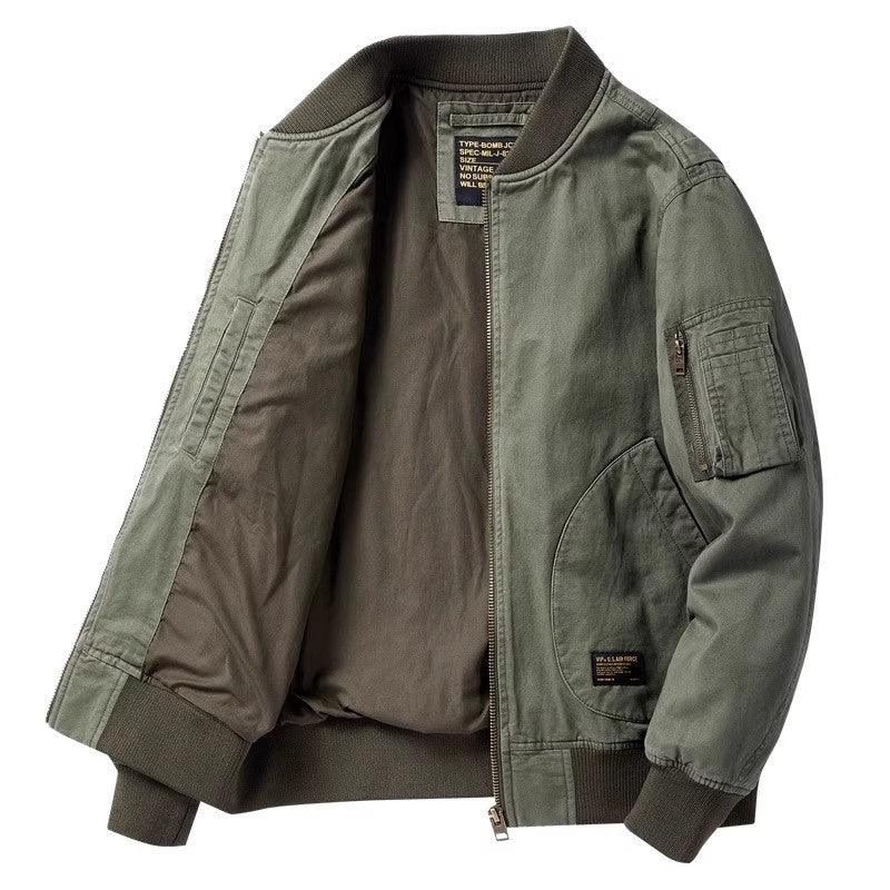 olive green bomber jacket with zippered front and sleeve pocket, ribbed cuffs and waistband
