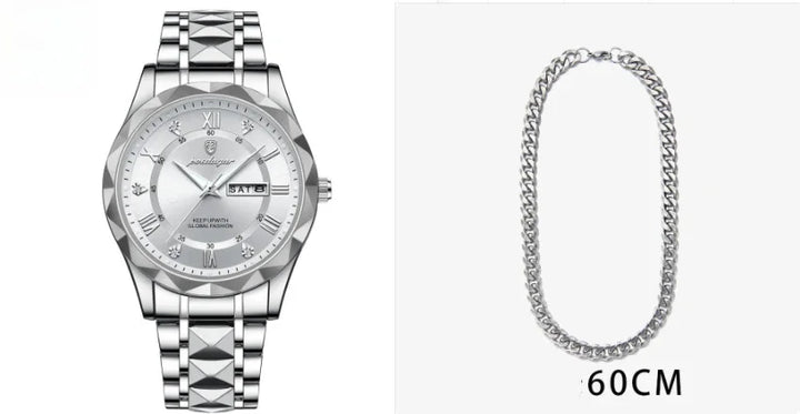 Silver stainless steel men's wristwatch with date display and patterned link bracelet alongside a 60cm silver chain necklace