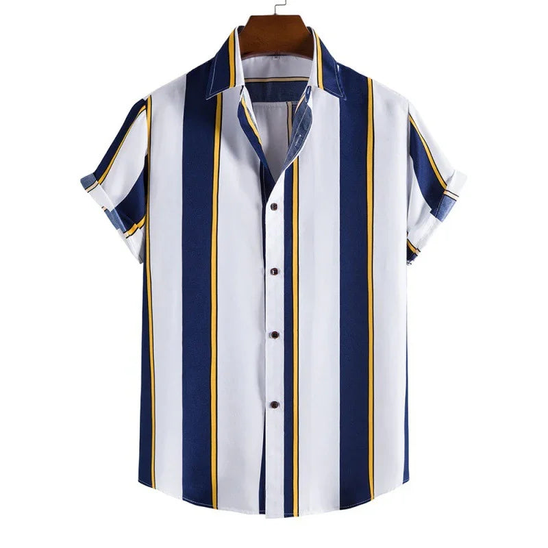 Men's short sleeve button-up shirt with vertical navy, white, and yellow stripes on hanger