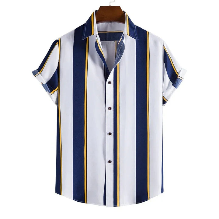 Men's short sleeve button-up shirt with vertical navy, white, and yellow stripes on hanger