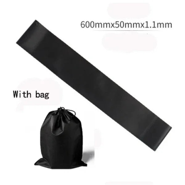 Black resistance band 600mm x 50mm x 1.1mm with carrying bag, fitness accessory