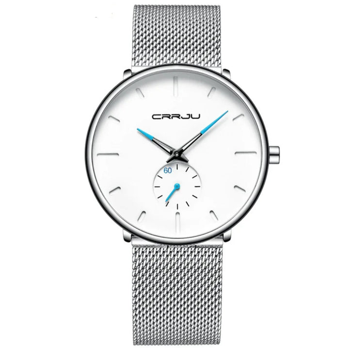 CRRJU minimalist silver mesh band wristwatch with white dial and blue hands