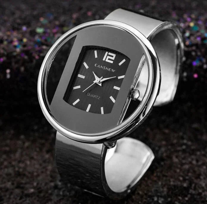 Elegant square black dial quartz watch with silver metal cuff band on dark textured background