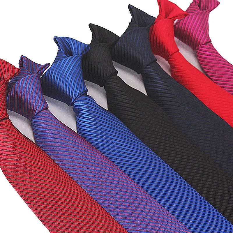 Set of six colorful striped men's neckties in red, blue, black, and pink on white background