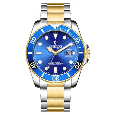 Chenxi men's dive watch with blue dial, date display, gold and silver stainless steel band