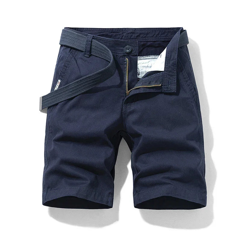 Men's navy blue casual shorts with belt, zipper, and button closure on white background