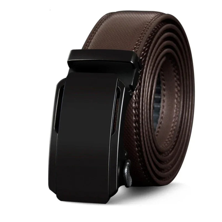 Brown leather belt with smooth black automatic buckle for men