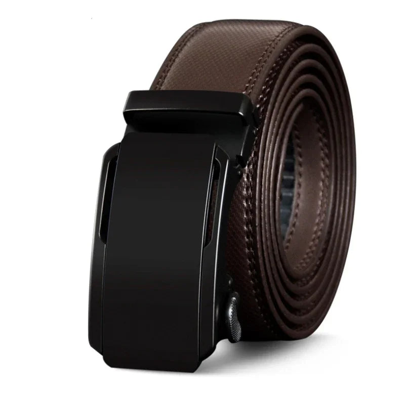 Rolled brown leather belt with smooth black automatic buckle for men's fashion