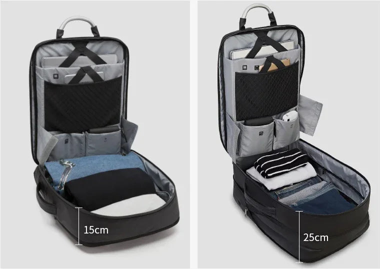 Open black travel backpacks showing organized compartments with clothes and electronics, highlighted 15cm and 25cm depths