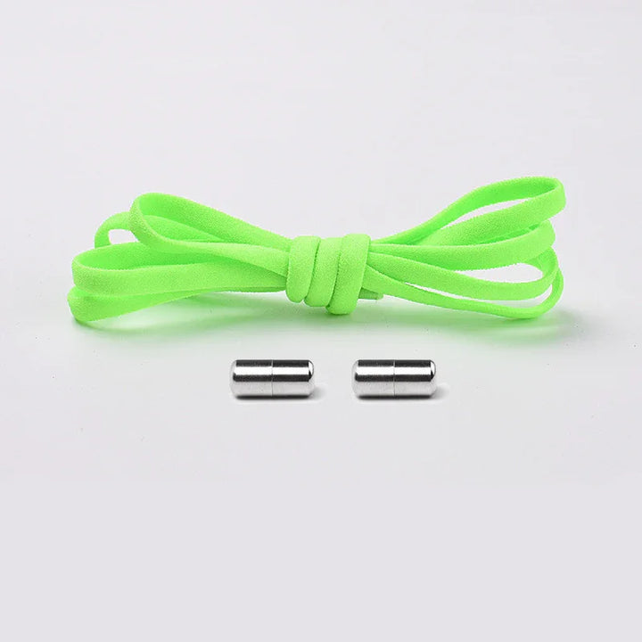 Neon green elastic shoelace with two silver metal aglets on white background