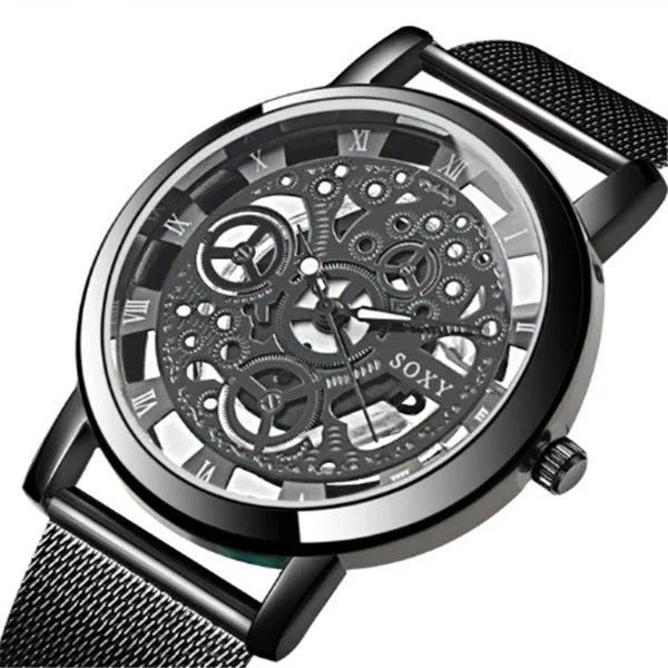Black SOXY skeleton mechanical watch with Roman numerals and mesh strap