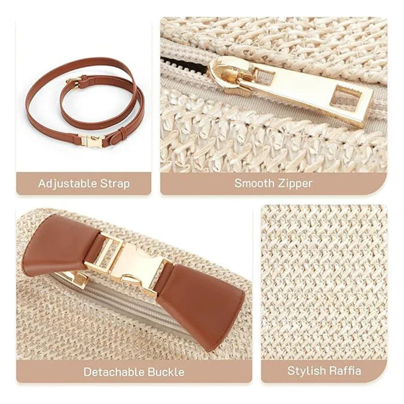Adjustable brown leather strap, smooth gold zipper, detachable buckle on woven raffia fabric, stylish texture