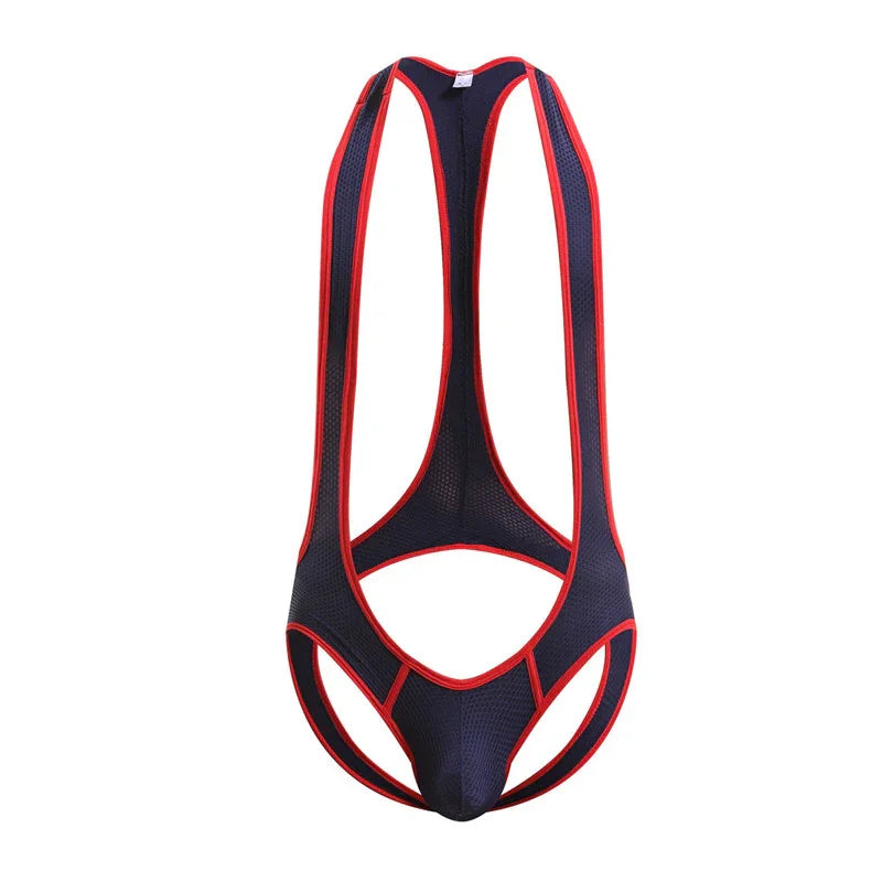 Men's black mesh thong bodysuit with red trim and cut-out design