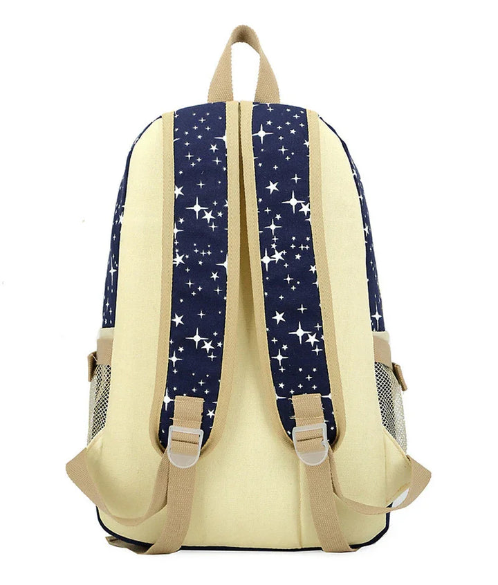 Beige backpack with dark blue starry pattern straps and beige adjustable straps, side mesh pockets