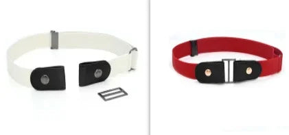 Adjustable white and red elastic belts with black front clasps and metal buckle components on white background