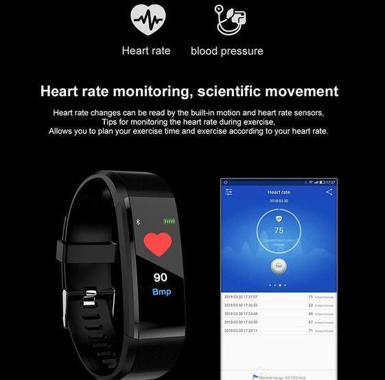 Black fitness tracker showing heart rate 90 Bmp with app display of heart rate monitoring data