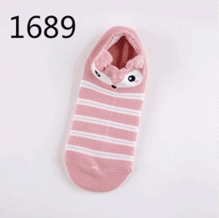 Pink ankle sock with white stripes and cute animal face design on top