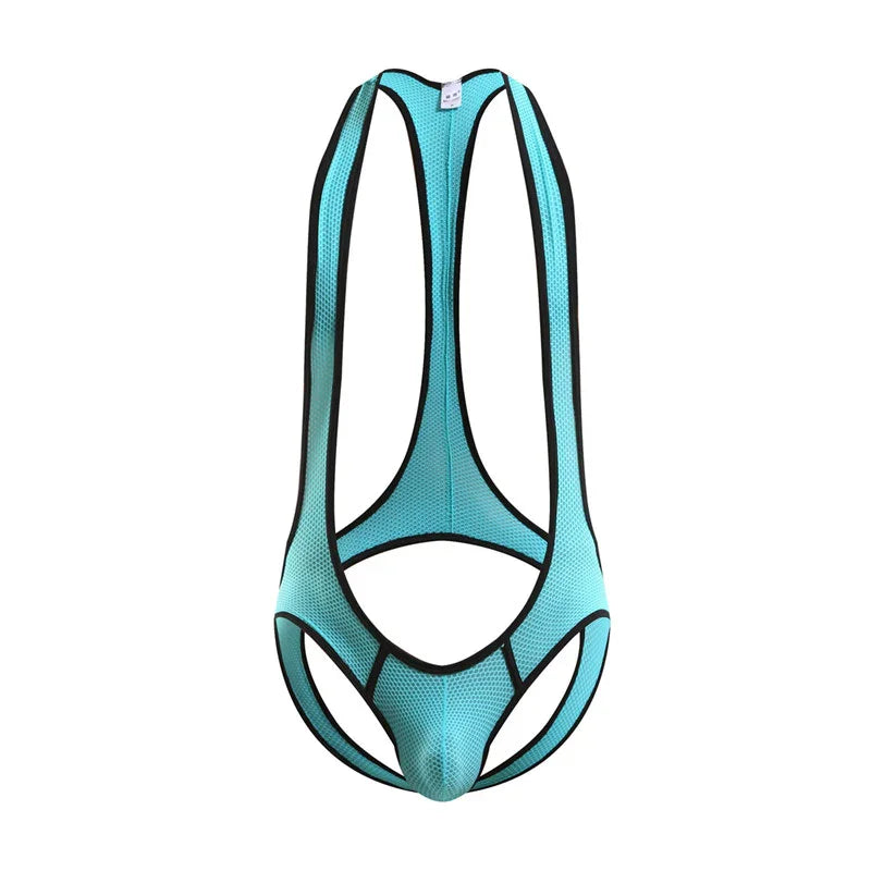 Light blue men's mesh singlet with black trim, featuring cutout design and pouch front