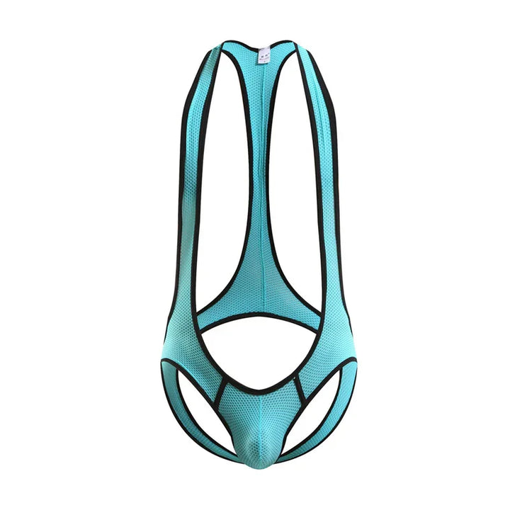 Light blue men's mesh singlet with black trim, featuring cutout design and pouch front