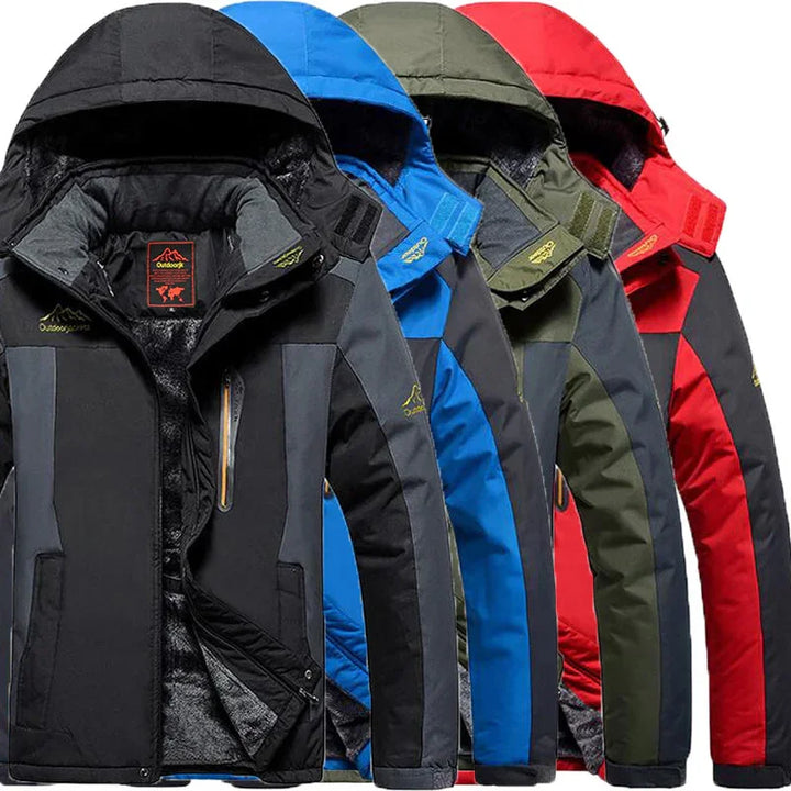 Set of four outdoor waterproof jackets in black, blue, green, and red with hoods and fleece lining