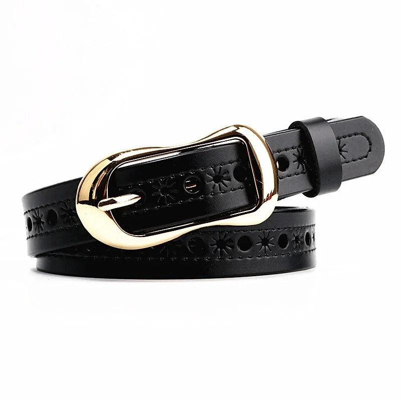 Black leather belt with embossed star and circle pattern, featuring a shiny gold buckle