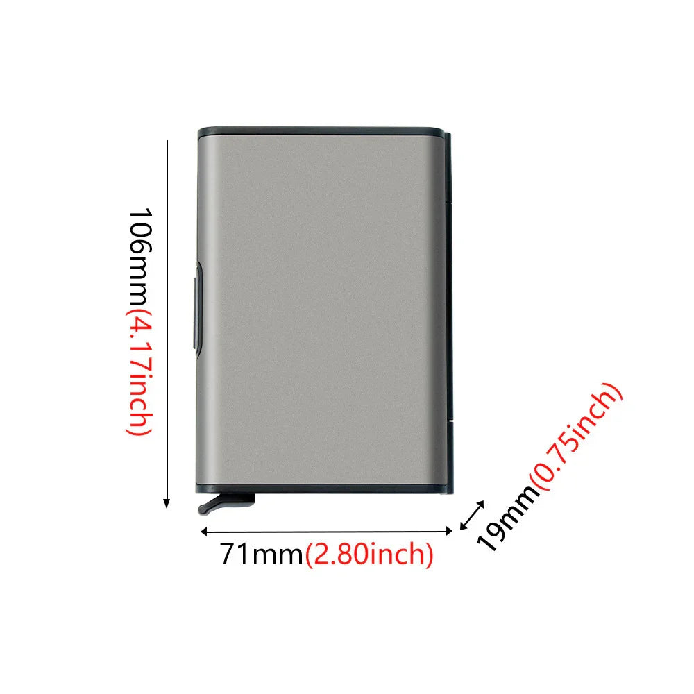 Compact rectangular silver and black gadget with 106mm x 71mm x 19mm dimensions, white background