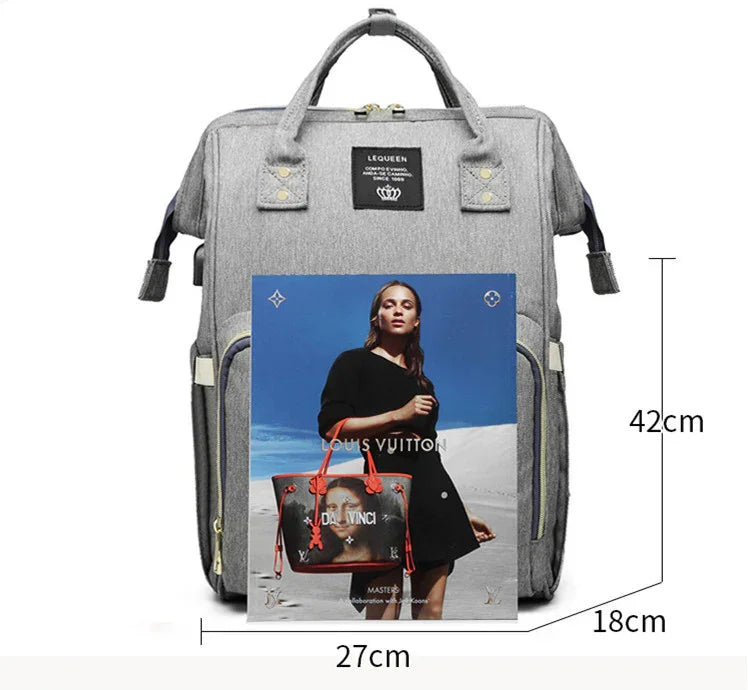 Gray multifunctional LEQUEEN backpack with measurements 42x27x18 cm and dual handles