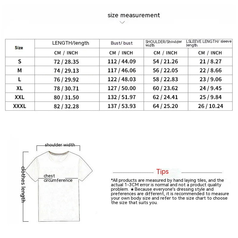 Clothing size chart with measurements in cm and inches for S to XXXL, including length, bust, shoulder width, and sleeve length