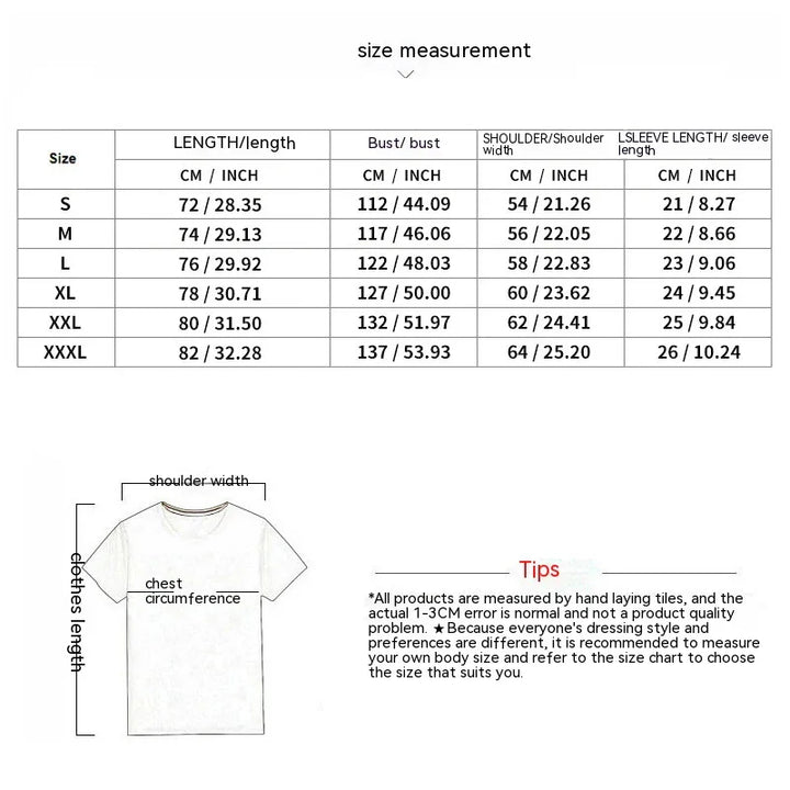 Clothing size chart with measurements in cm and inches for S to XXXL, including length, bust, shoulder width, and sleeve length