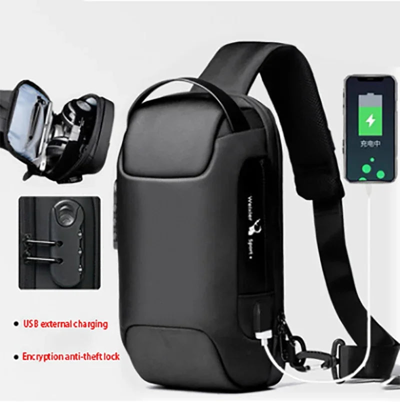 Black anti-theft sling backpack with USB external charging port and encryption lock for secure travel