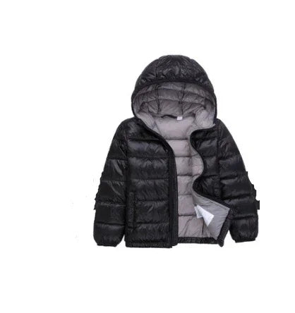 Black puffer jacket with hood and gray interior, unzipped on white background