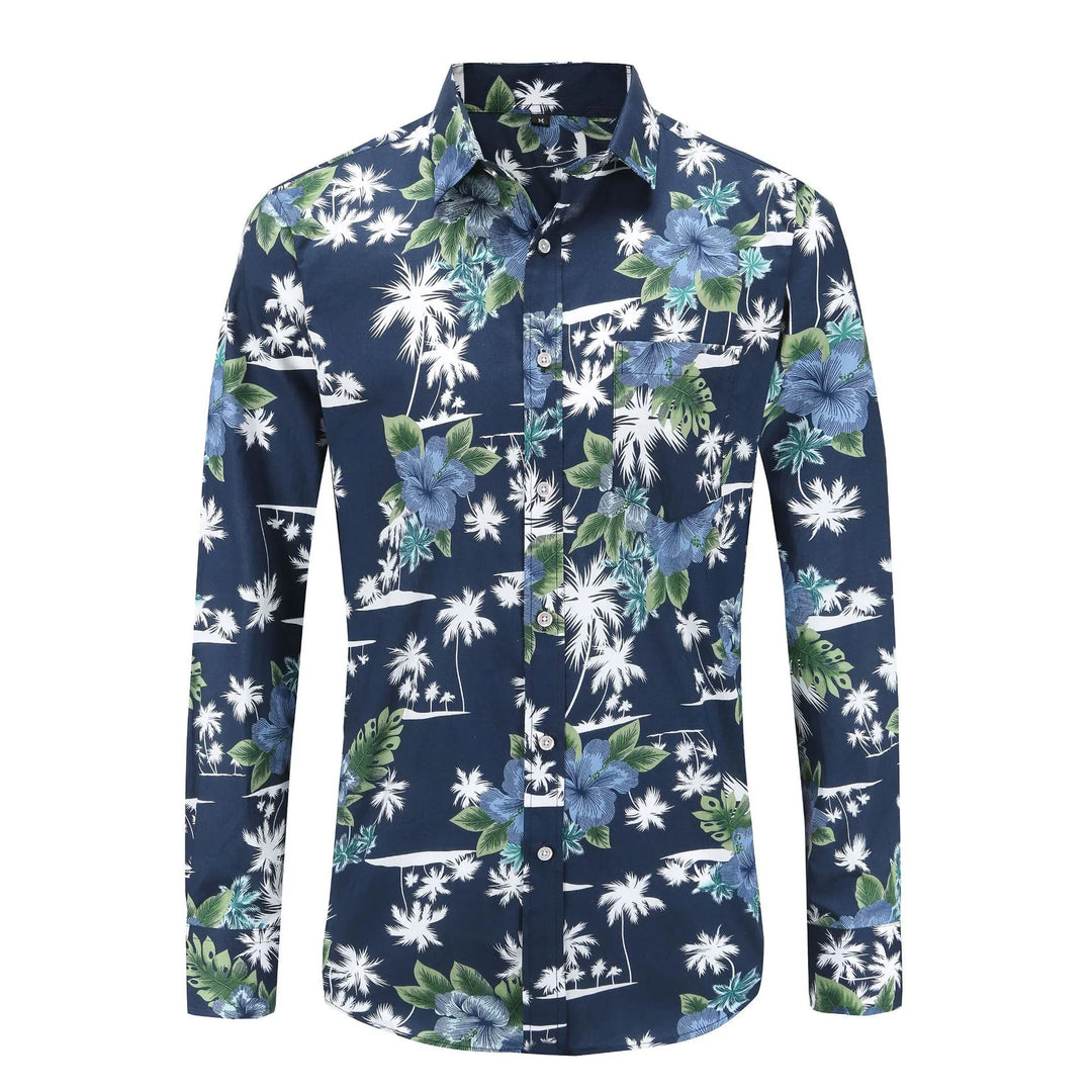 Men's navy blue long sleeve tropical print shirt with blue flowers and palm trees