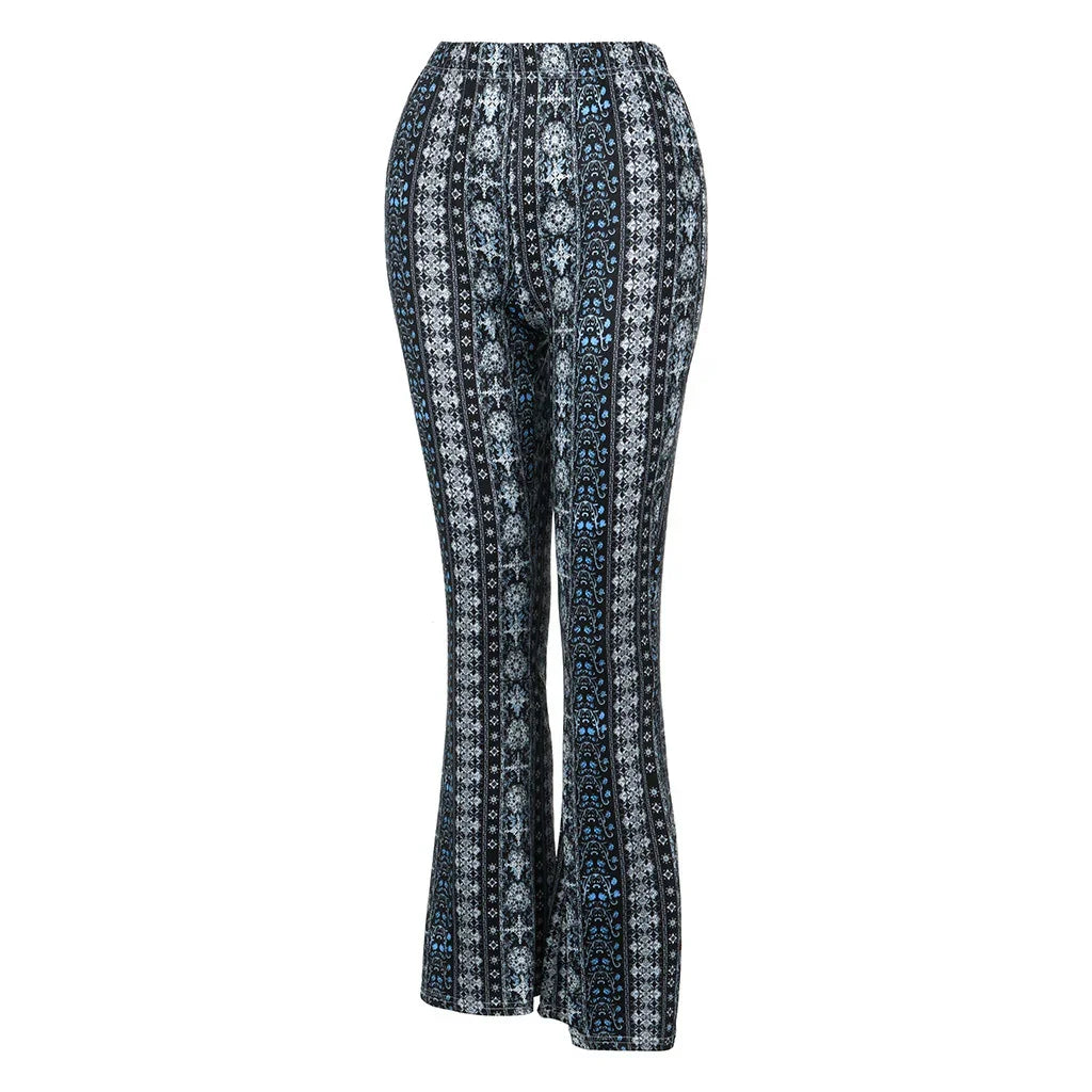 Black and blue patterned bohemian flare pants with elastic waistband on white background