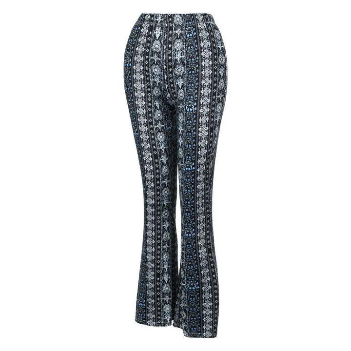Black and blue patterned bohemian flare pants with elastic waistband on white background
