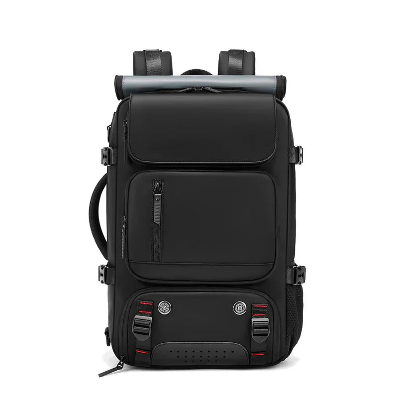 Black travel backpack with multiple pockets and red accents, front view on white background.