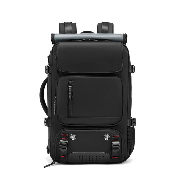 Black travel backpack with multiple pockets and red accents, front view on white background.