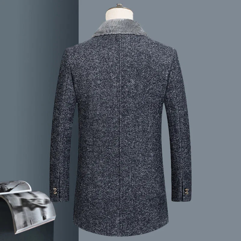 Back view of men's gray wool blend winter coat with faux fur collar on mannequin