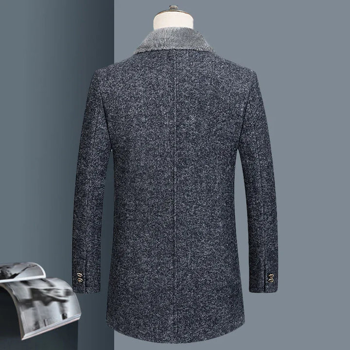 Back view of men's gray wool blend winter coat with faux fur collar on mannequin