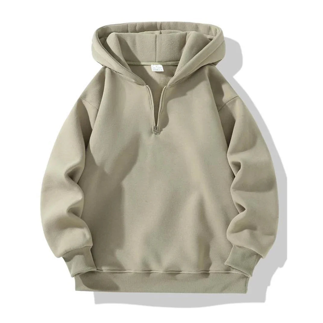 Beige half-zip hooded sweatshirt with long sleeves and ribbed cuffs