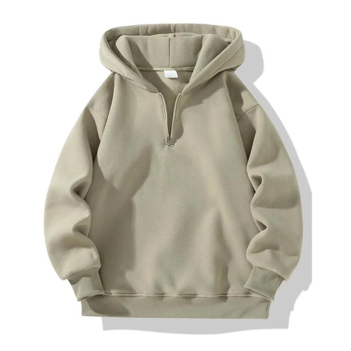 Beige half-zip hooded sweatshirt with long sleeves and ribbed cuffs