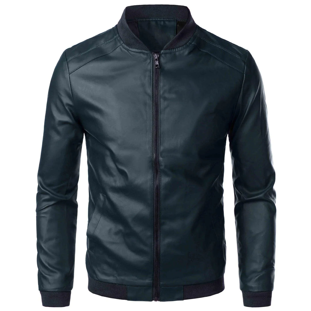 Men's black leather bomber jacket with front zipper and ribbed collar, cuffs, and hem