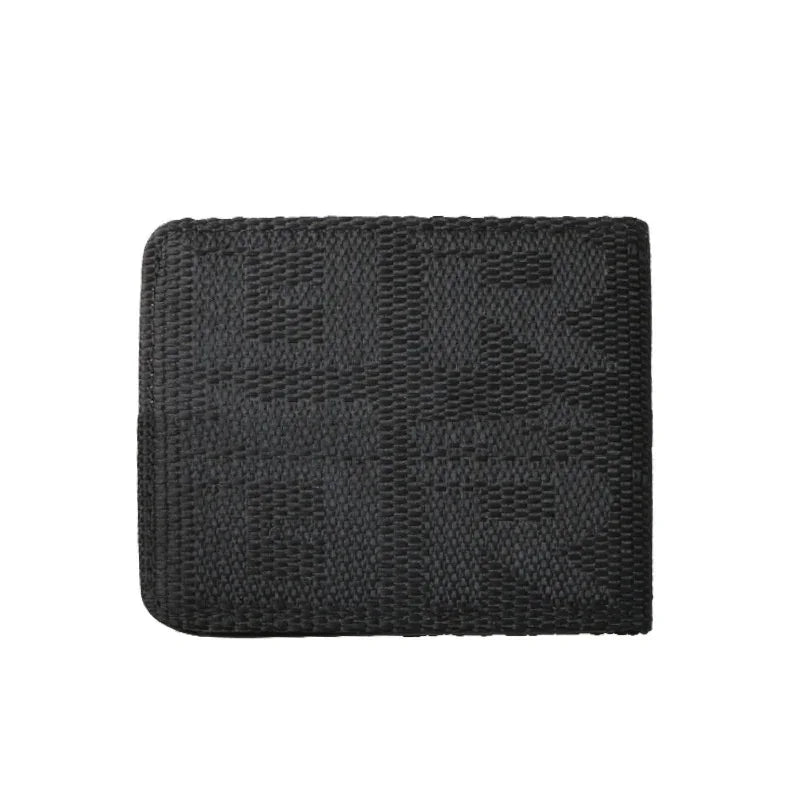 Black woven textured men's bi-fold wallet with subtle geometric pattern