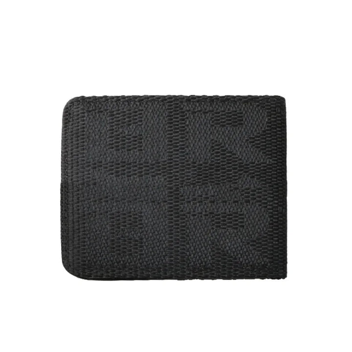 Black woven textured men's bi-fold wallet with subtle geometric pattern