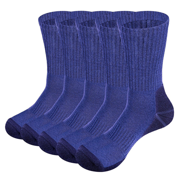 Pack of five royal blue crew socks with darker toe and heel for athletic wear