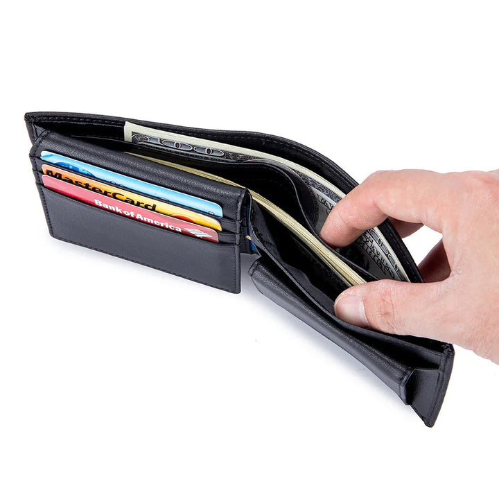 Black leather wallet holding cash and cards, including MasterCard and Bank of America, with hand opening it