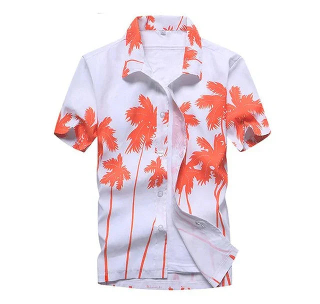 White short-sleeve button-up shirt with orange palm tree print and collar detail