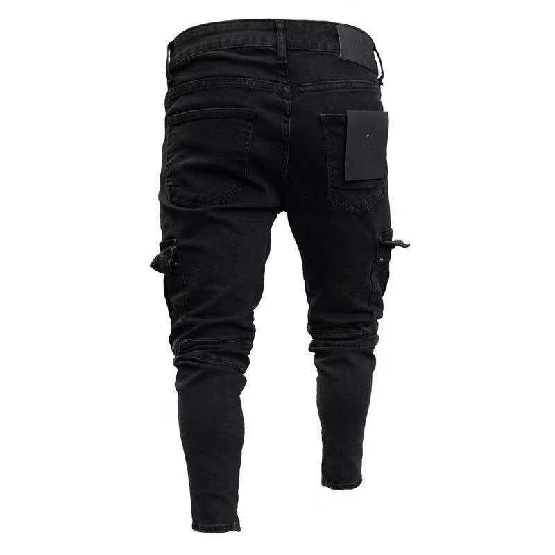 Back view of slim fit black cargo jeans with multiple pockets and slim tapered legs