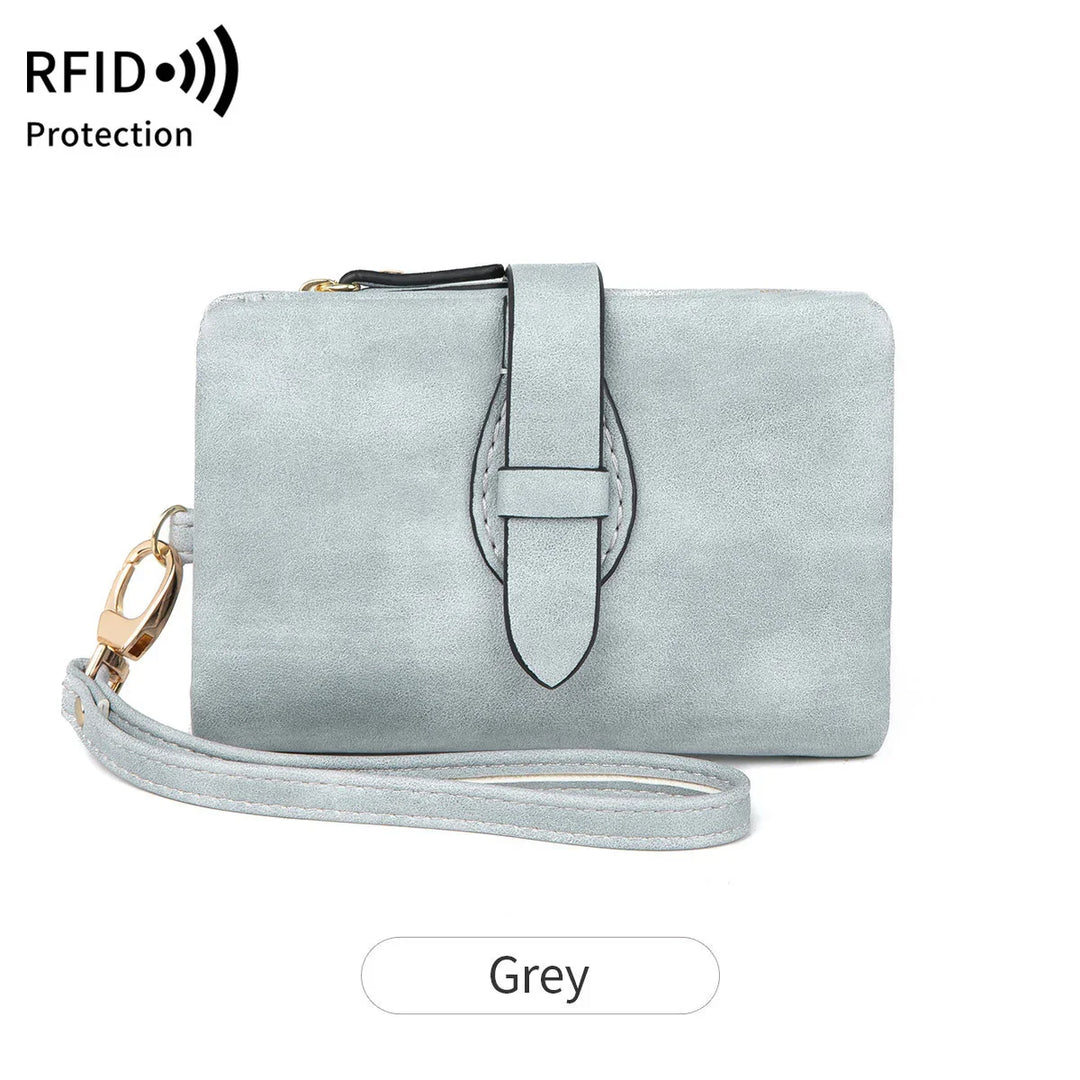Grey RFID protection wristlet wallet with buckle strap and detachable wrist strap